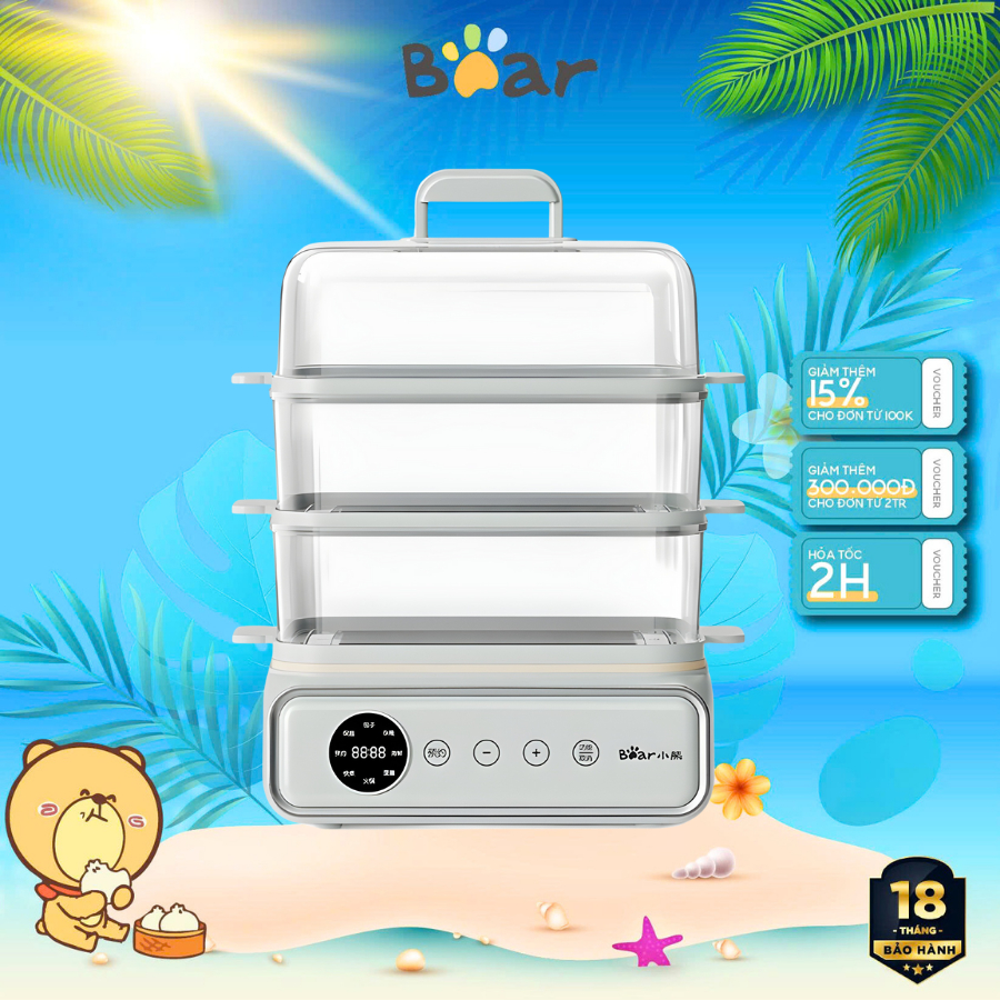 Nồi Hấp Điện 3 Tầng Dung Tích 21.5L Bear DZG-P20W7, 1200W, Kèm Nấu Lẩu, Hẹn Giờ, Giữ Ấm, BH 18 Tháng