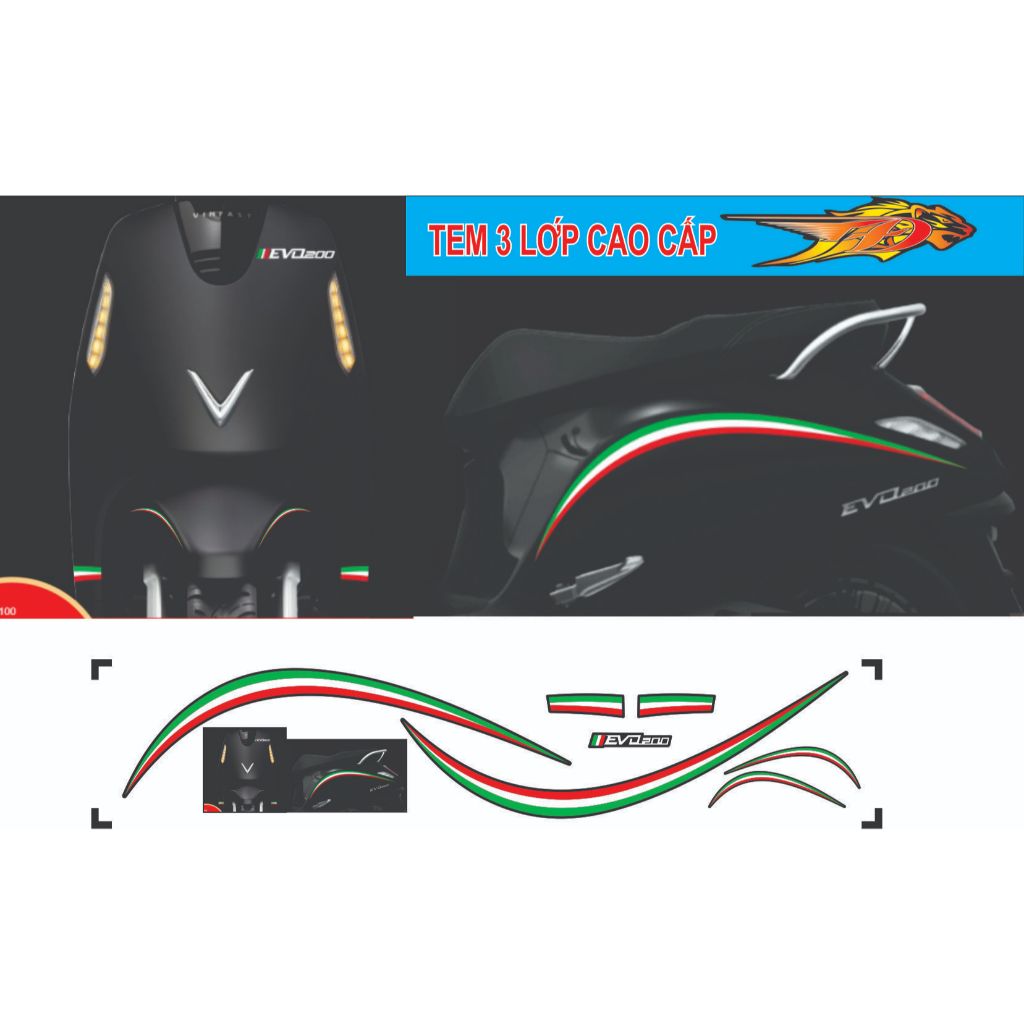 TEM DÁN XE ĐIỆN EVO 200 - EVO LITE NEO  - EVO GRAND - EVO MAX , MẪU TEM CHỈ ITALIA ĐẸP , DẼ DÁN