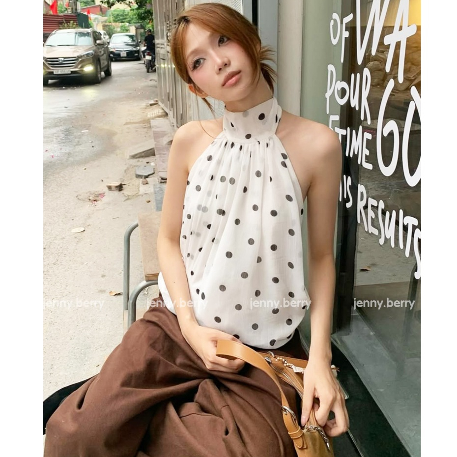  Hani Top - Áo nữ cổ yếm sát nách đuôi bí áo bí nữ họa tiết chấm bi 