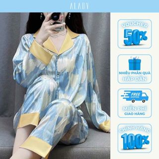 Đồ nữ Pijama ALADY Vải lụa xước ánh kim cao cấp, sang trọng họa tiết đơn giản dài tay - TD012