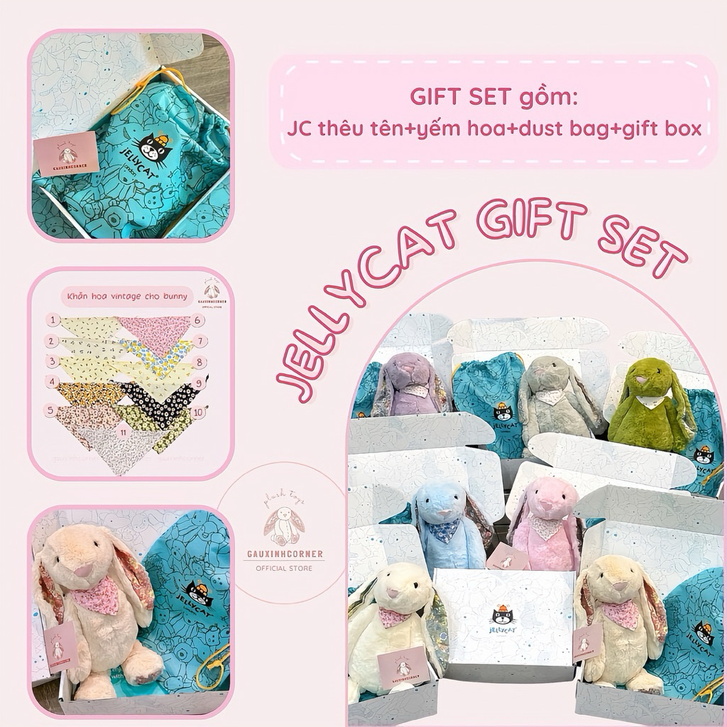Thỏ bông Jellycat gấu bông thêu tên theo yêu cầu tặng kèm yếm hoa