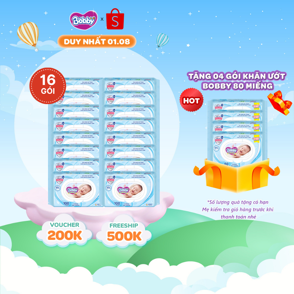 Thùng 16 Gói Khăn ướt Bobby không mùi 100 miếng/gói (Xanh)