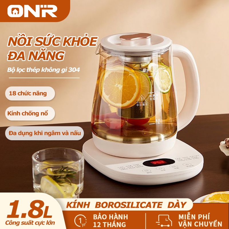 Ấm Siêu Tốc 1.8L, ONR, 18 Chức Năng, Ấm Đun Nước Điện Thủy Tinh Bình 800W, Hàng Chính Hãng