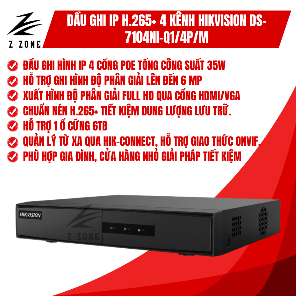 Đầu ghi Hikvision IP 4 kênh POE 35W Hikvision DS-7104NI-Q1/4P/M H.265+