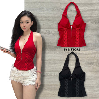 T9 - Áo JENNIE khoét cổ yếm phối dây thừng đan chéo ôm body hot slay có khóa kéo đỏ đen hở lưng trendy mút đệm y2k đẹp