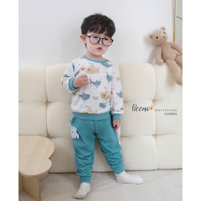 Set thun dài tay Beemo in hình cá phối túi vải cotton mềm cho bé đi học, đi chơi thoải mái vận động 5238BDB