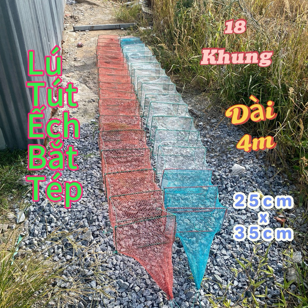 Lú rọi ếch, lú bắt tôm, lú dây cửa ngục 18 khung 25x35cm, dài 4m, mắt lưới 1p5