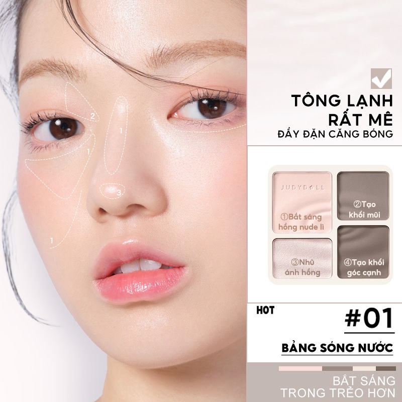 JUDYDOLL Phấn bắt sáng tạo khối 4 ô Highlight Contour Palette Tự nhiên Lâu trôi Chống nước 9g | BigBuy360 - bigbuy360.vn
