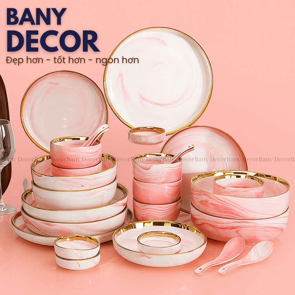 (Bộ đầy đủ) Bộ Chén Đĩa, Bộ Bát Dĩa Loang Vân Mây Màu Hồng (Bộ 2-10 Người) - Phong Cách Tối Giản Bắc Âu - Bany Decor