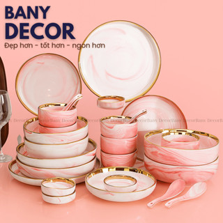 (Bộ đầy đủ) Bộ Chén Đĩa, Bộ Bát Dĩa Loang Vân Mây Màu Hồng (Bộ 2-10 Người) - Phong Cách Tối Giản Bắc Âu - Bany Decor