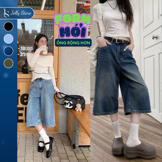 Quần jean lửng nữ ống rộng Jelly quần bò lửng D001 quần bò ngố cạp cao dài qua gối trend 2025