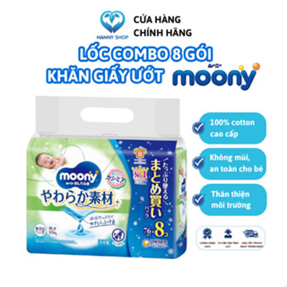 Lốc combo 8 Gói Khăn Giấy Ướt Moony Nội Địa Nhật Không Mùi, 99% Nước Tinh Khiết, Mềm Mại, An Toàn Cho Da Bé 76 tờ x8 gói