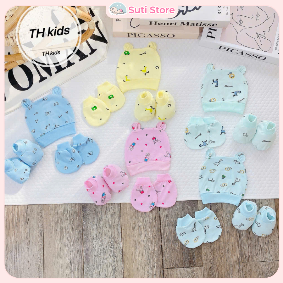 Set mũ kèm bao tay chân Hoạ tiết 5 món cho bé sơ sinh 0-3 tháng