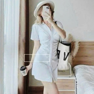 Đầm nữ thời trang đầm body suông dự tiệc chất Umi cổ sơ mi ngắn tay váy đầm trên gối ôm váy sẻ rãnh