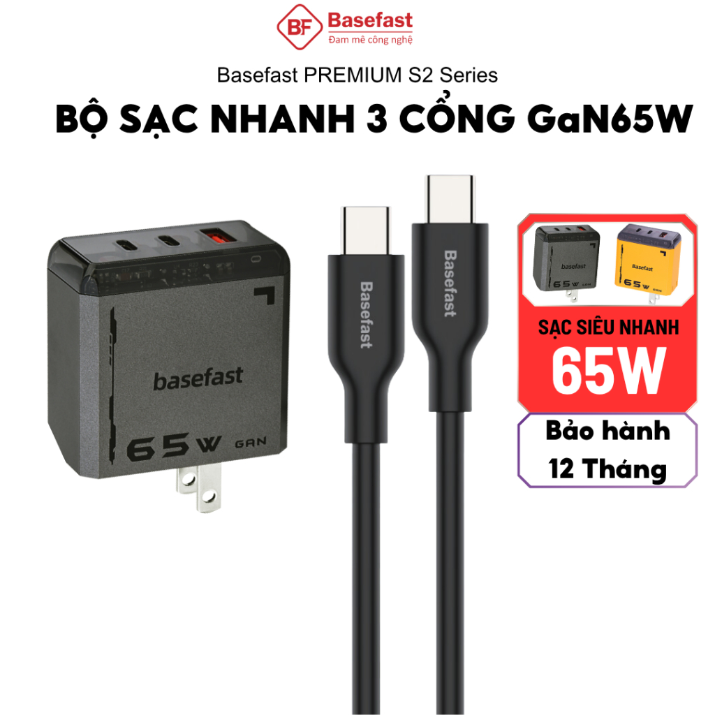 Bộ sạc nhanh 65W Basefast củ sạc 65w kèm dây silicon cho máy tính bảng laptop samsung mac