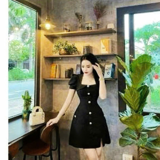 Đầm thời trang nữ dự tiệc chất cotton lạnh có mút cổ vuông tay phồng đầm dáng xòe