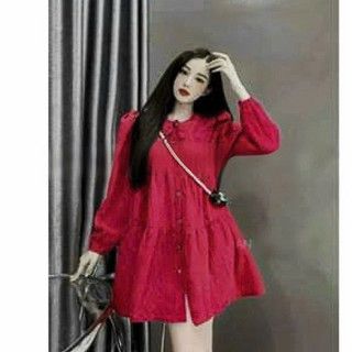 Đầm dự tiệc, thời trang nữ sang chảnh chất tăm nhung cổ tròn có bèo tay dài đính nút dáng váy xoè mini