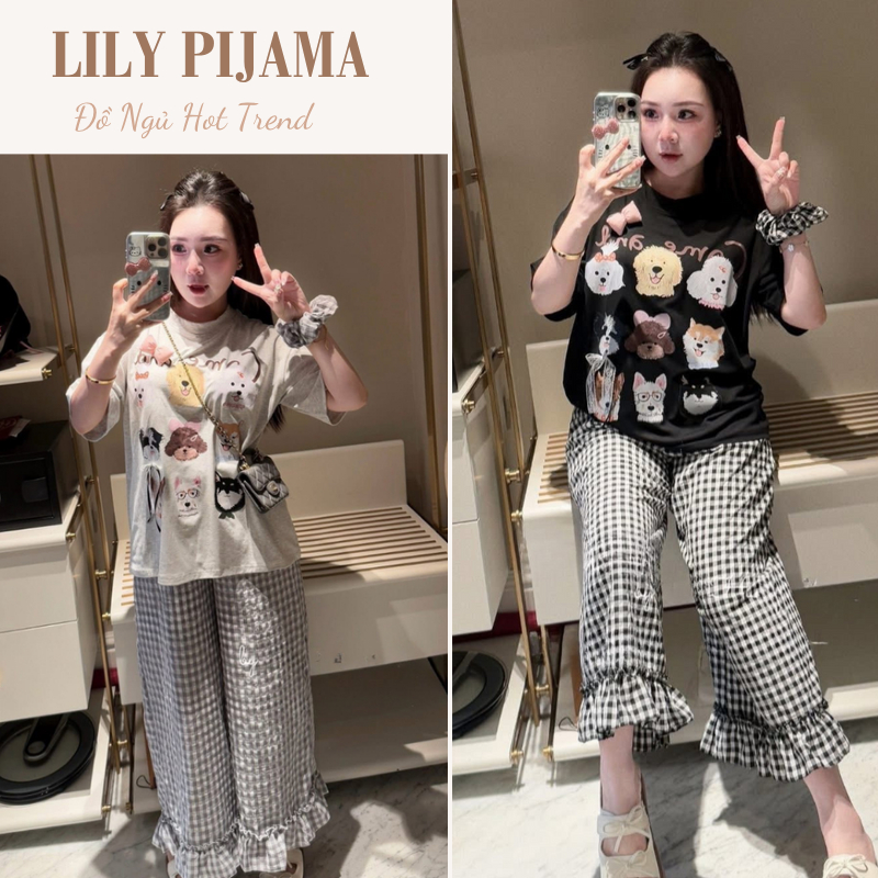 Set đồ bộ nữ hoạt hình thú cưng dễ thương, áo thun tay ngắn phối quần dài caro ống rộng viền bèo mặc