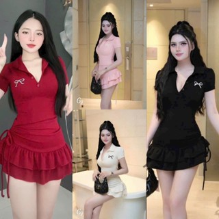 ĐẦM BODY CỔ BẺ IN NƠ DÁNG NGẮN BÈO VIỀN RÚT DÂY EO HÂN FASHION