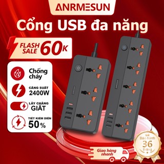 ANRMESUN Ổ cắm điện dài, Chống sét loại, cổng USB Type-C tích hợp, Daya total 2400W Sạc Nhanh, dải ổ cắm đa năng,Cáp dài
