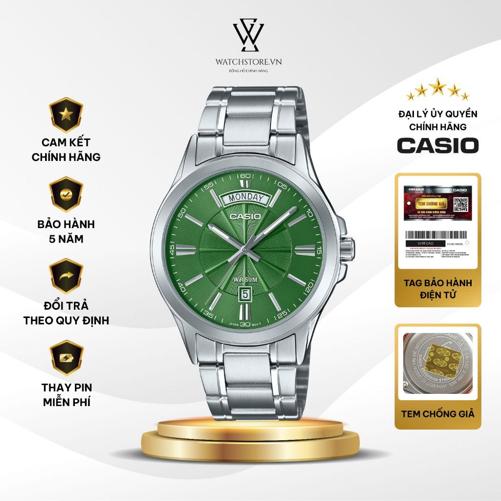 Đồng hồ Casio 39.9mm Nam MTP-1381D-3AVDF Kính Khoáng Chống Nước Dây Kim Loại Không Gỉ Chính Hãng - W