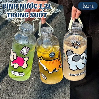  Bình Nước Nhựa Cầm Tay Dung Tích Lớn 1200ml Trong Suốt Có Nắp Chống Tràn Kèm Sticker Dễ Thương 