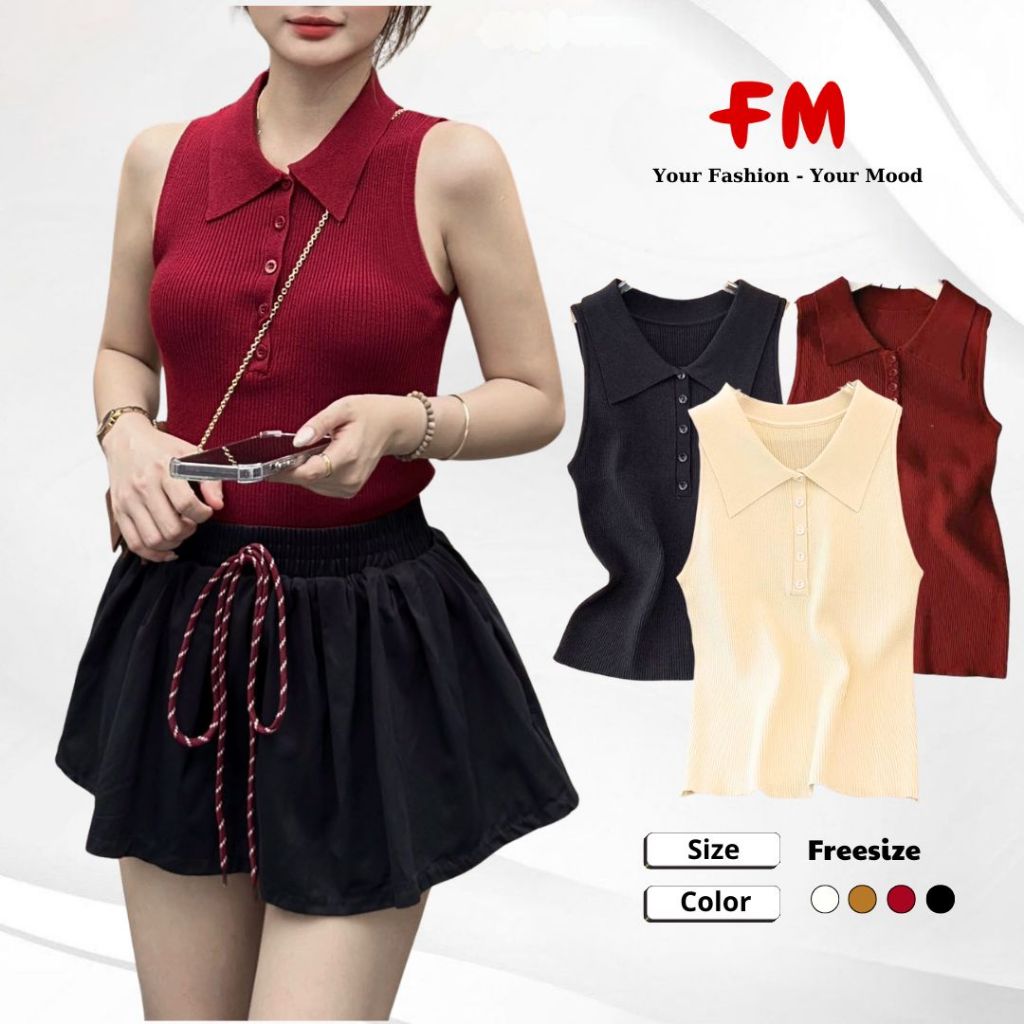 Áo Kiểu Sát Nách Nữ FMSTYLE Dệt Kim cổ polo phối 5 nút màu tôn da không kén dáng Freesize 25070247