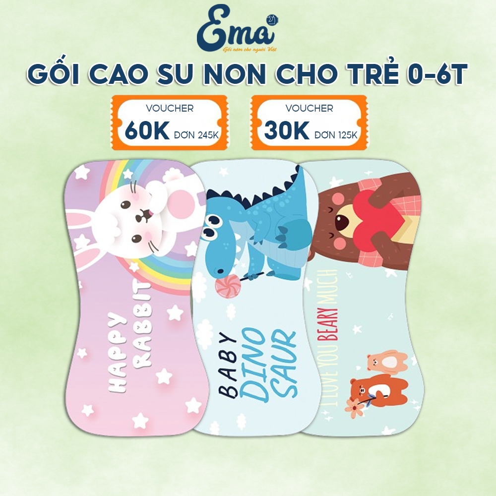 Gối cao su non cho bé thiết kế chuẩn công thái học Ema - Giúp ngủ ngon, chống mồ hôi trộm