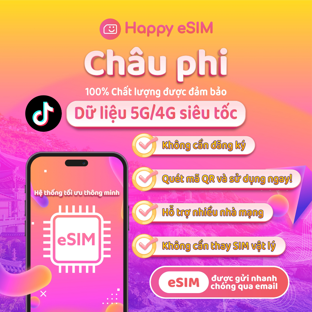 Happyesim eSIM Châu phi | Gói dung lượng 10GB–50GB | Gửi QR qua email