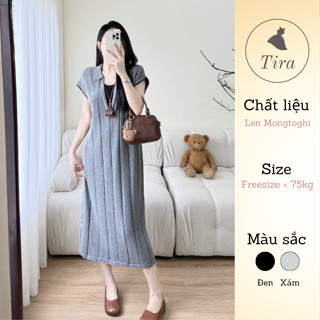 Váy len mongtoghi TIRA MAMA M175 Váy suông bầu dáng dài Váy bầu bigsize sọc dọc tag ngực phối cổ