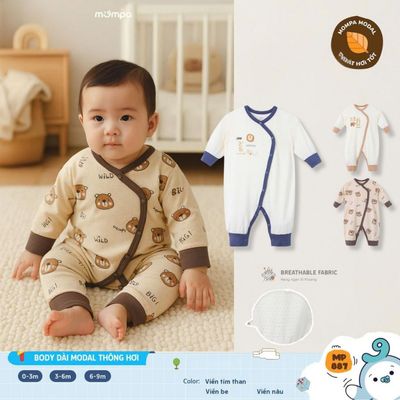 Bodysuit cho bé sơ sinh Mompa dài tay 0-9 tháng cài chéo vải Modal thông hơi thoáng khí 887
