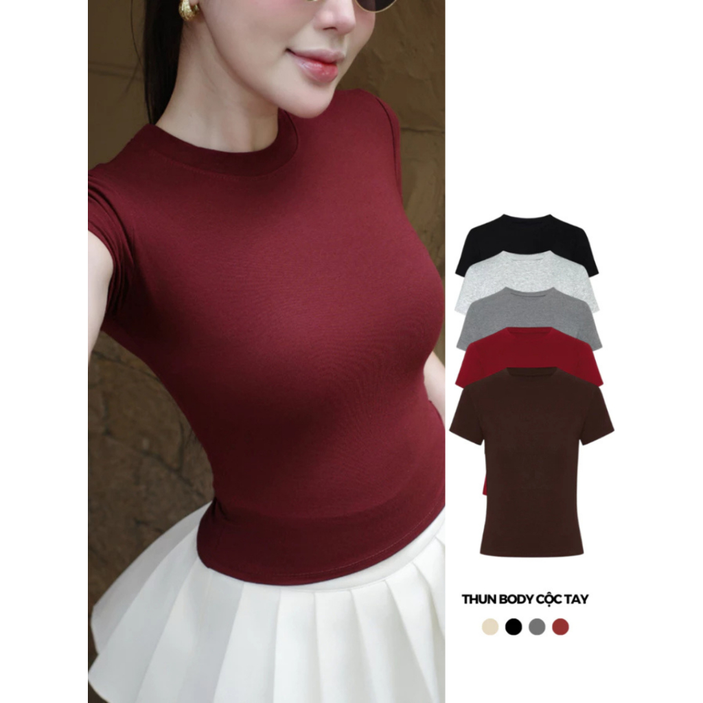 𝐁𝐀𝐑𝐄𝐓𝐎𝐏𝐓𝐎𝐏 Áo thun ôm body cotton lông mịn co giãn, Áo thun nữ cổ tròn form chuẩn tôn dáng_AT047