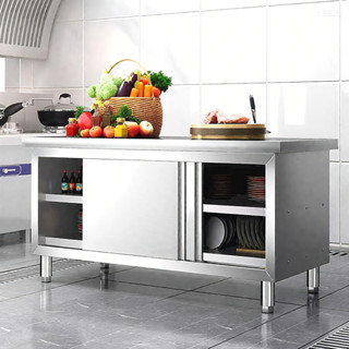  Bàn bếp inox có cửa kéo Bàn chặt đồ bếp công nghiệp đa năng Tủ chứa đồ Thiết kế bao quanh kín 2 tầng chứa đồ 