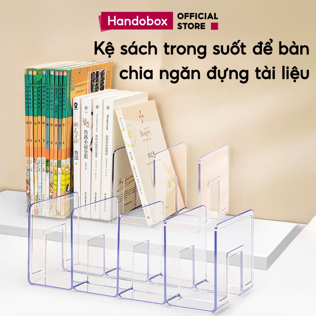 Kệ Sách 4 Ngăn Trong Suốt Handobox Giá Đựng Tài Liệu Văn Phòng Sách Vở Để Bàn Chia Ngăn Tiện Lợi