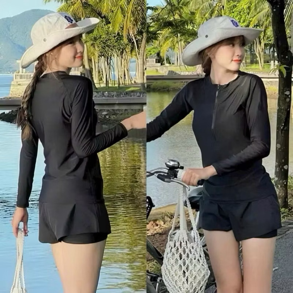 Có size (M-L-XL)Đồ bơi Nữ Quần Đùi Đồ bơi 2 mảnh kín đáo áo tay dài dây kéo quần đùi 2 lớp che nắng phong cách thể thao