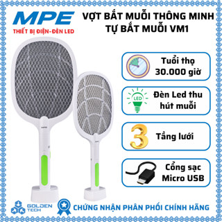 Vợt muỗi MPE bắt muỗi VM1 với 3 tầng lưới, vợt muỗi bắt muỗi tự động đèn led thu hút muỗi, vợt điện bắt muỗi, vợt điện