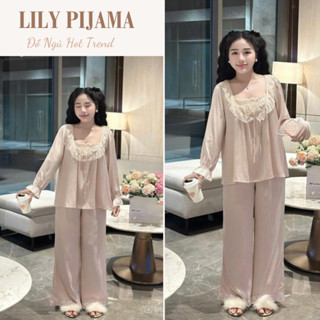 Set pijama lụa dài tay cao cấp phối ren cổ vuông, đồ ngủ nữ dáng suông sang trọng mặc nhà 4 mùa LILY hcom26434