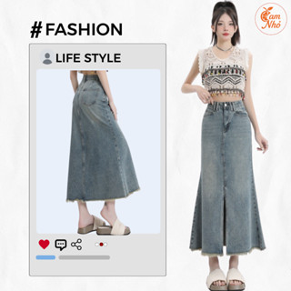 Chân váy jean đuôi cá xẻ trước, chân váy jean dài cạp cao tua rua, chân váy jean thanh lịch A38