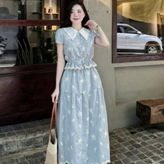 Set váy nữ chất đũi siêu xinh, áo sơ mi cổ phối bèo ren trắng tay ngắn dáng peplum phối chân váy dáng xòe dài đáng iu
