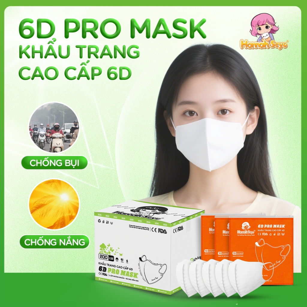 [Thùng 200 cái] Khẩu trang 6D chống tia UV chống nắng bụi mịn 3 lớp Hannah Seyo