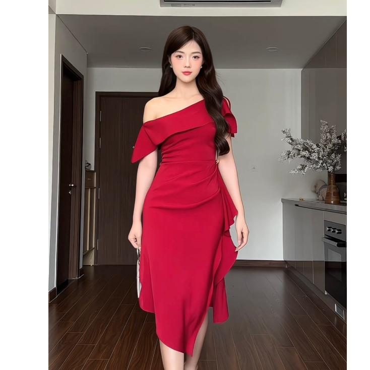ZAMY SHOP - Váy TK lệch vai vạt bèo xẻ đầm đi tiệc đẹp cho nữ, đầm dáng dài, váy đi ăn đám cưới