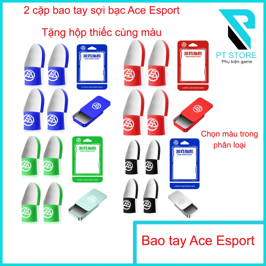 Combo 2 cặp bao tay chơi game sợi bạc Ace Esport - Tặng kèm hộp thiếc cùng màu - Sợi bạc siêu nhạy - Logo phát quang