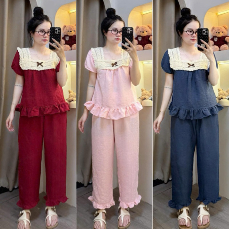Set Bộ Ngủ Nữ , Set Bộ Pijama Đũi Ren Bản To A63