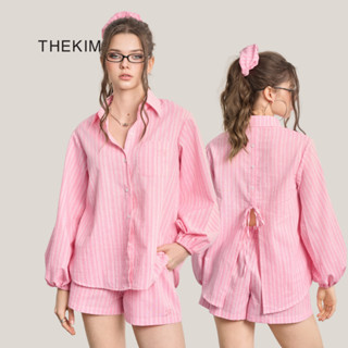  THEKIM Set áo sơ mi dài tay & quần short tặng kèm chun cột tóc scrunchies  bộ sơ mi kẻ tay dài xẻ lưng CS321 