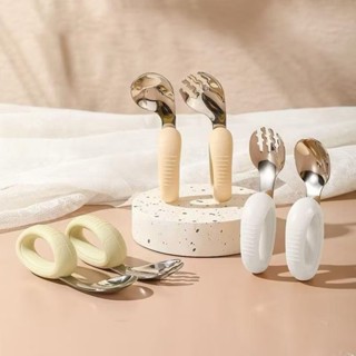   Tặng Hộp  Bộ Thìa nĩa tập ăn cho bé tay cầm silicon mềm muỗng cong Inox 304 KidsWorld an toàn 