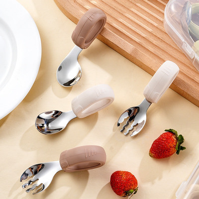 (Tặng Hộp) Set thìa nĩa tập xúc cong cho bé tập ăn,Bộ thìa nĩa tập ăn cho bé inox 304 KidAndMom