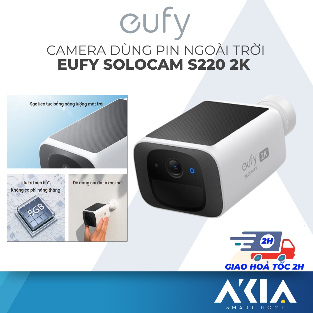 Camera dùng pin không dây ngoài trời Eufy Solocam S220 2K, tích hợp tấm pin năng lượng mặt trời