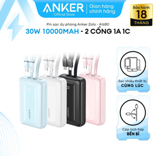  Sạc dự phòng ANKER Zolo 10k mAh | Sạc nhanh 30W - 2 cổng 1C1A - Tích hợp cáp USB-C Lightning - A1680  