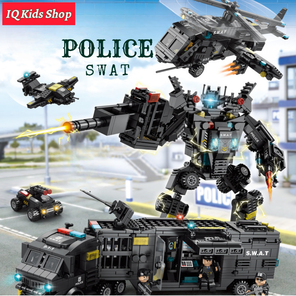 Lắp Ghép Xếp Hình Đội Đặc Nhiệm Swat 920 Chi Tiết, Ô Tô, Cảnh Sát, Robot, Trực Thăng, Xe Swat - IQ K