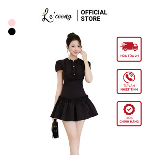 Váy Thiết Kế Tay Con Cổ Bèo Đính Nơ LECOONG V793 Đầm Tiểu Thư Màu Hồng Đen Đi Tiệc Sang Chảnh
